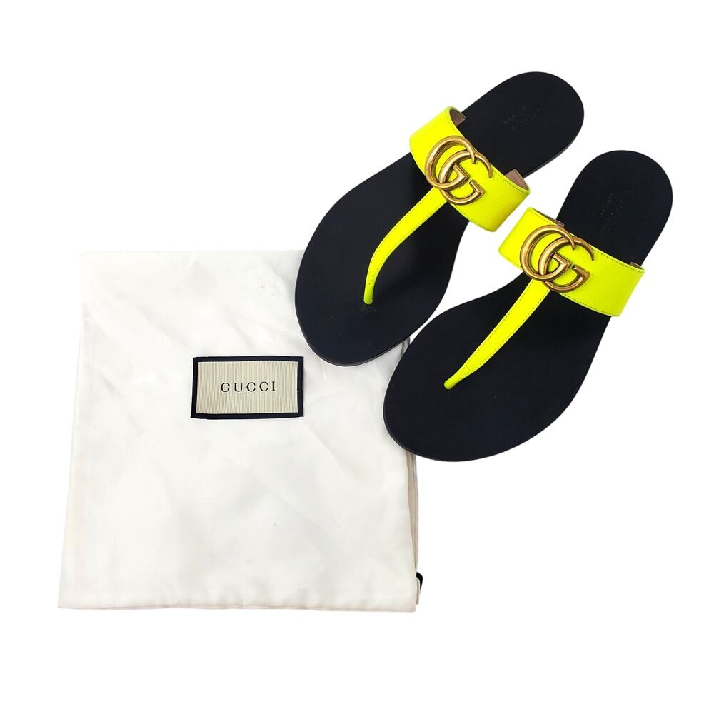 Gucci Marmont GG Sandal Thong Flat With Double G In Yellow Fluo Leather Size 37